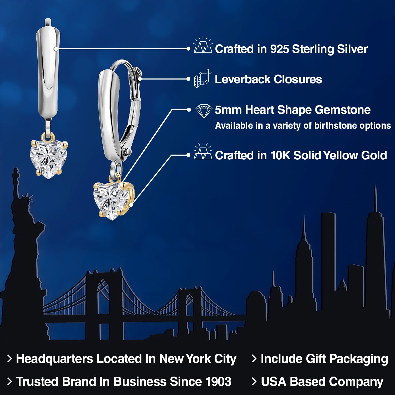 Earrings in 925 Sterling Silver and 10K Yellow Gold