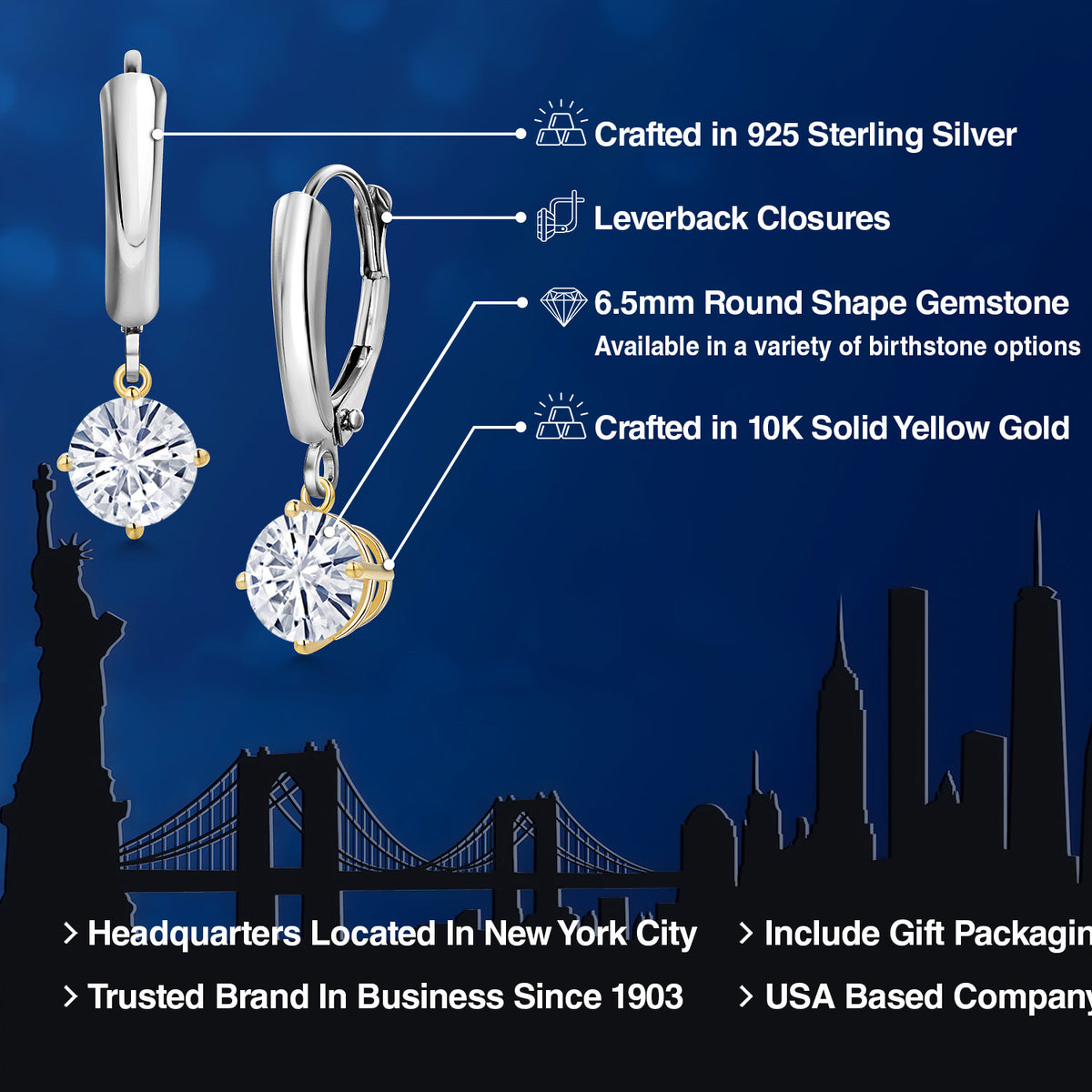 Earrings in 925 Sterling Silver and 10K Yellow Gold