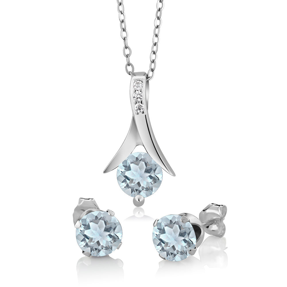 925 Sterling Silver Aquamarine Pendant and Earrings Jewelry Set For Women (2.25 Cttw, Round Gemstone Birthstone, with 18 Inch Silver Chain)