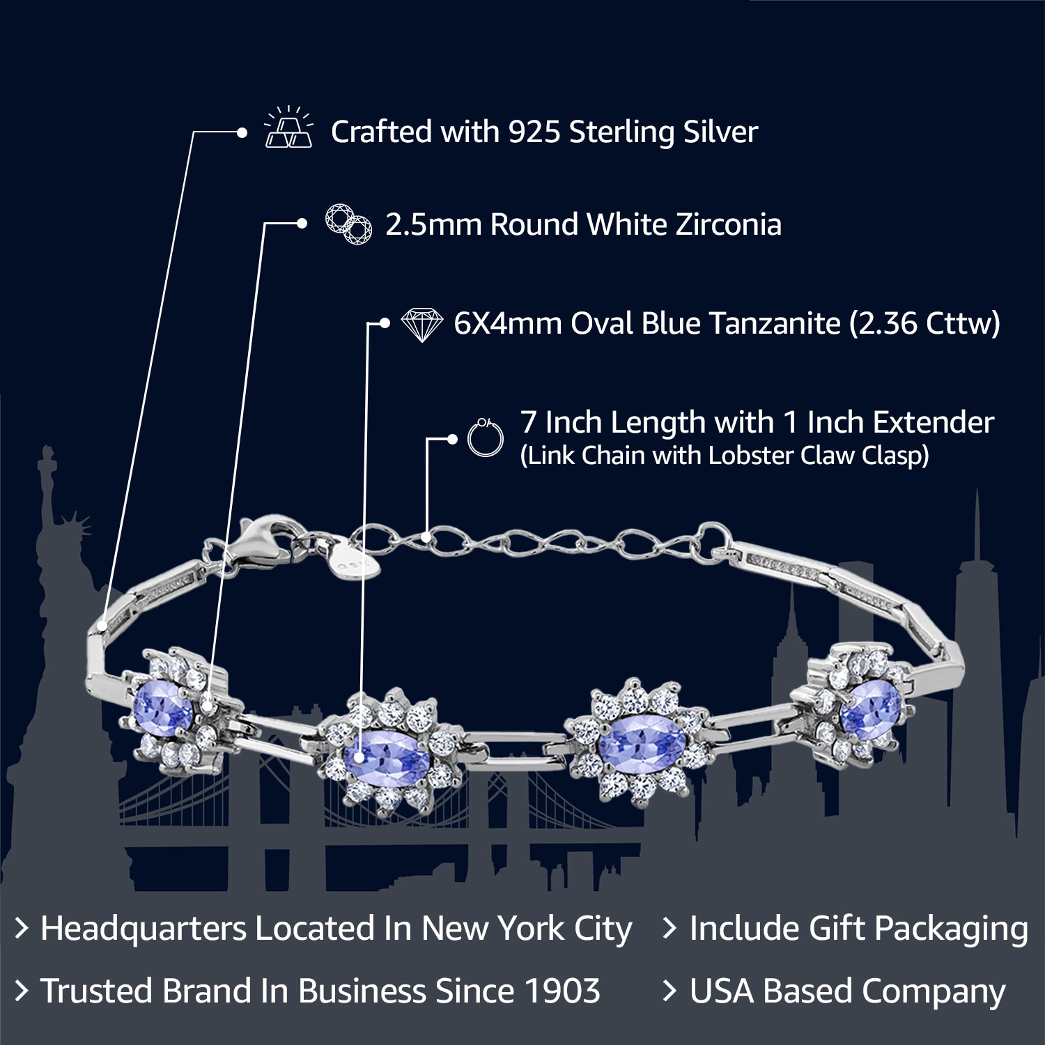 925 Sterling Silver Tanzanite Tennis Bracelet For Women (2.36 cttw, Gemstone Birthstone, 7 Inch With 1 Inch Extender)