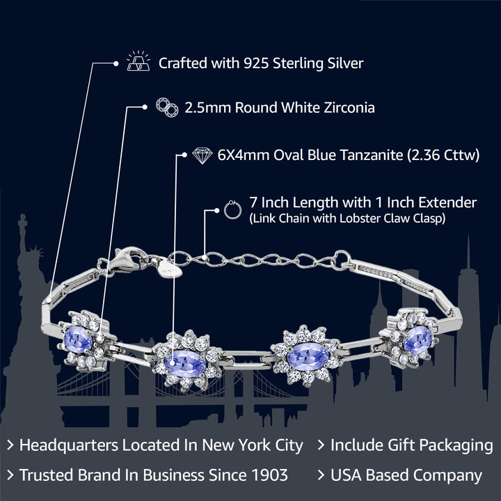 925 Sterling Silver Tanzanite Tennis Bracelet For Women (2.36 cttw, Gemstone Birthstone, 7 Inch With 1 Inch Extender)