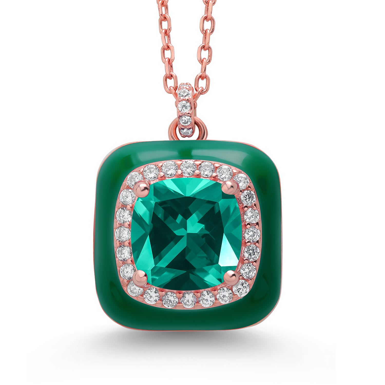 Made In Italy 18K Rose Gold Plated Silver Simulated Emerald Green Enamel Pendant Necklace For Women (8MM Cushion, 1/2 Inch Pendant, with 17 Inch Chain)