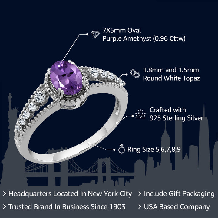 925 Sterling Silver Purple Amethyst and White Topaz Engagement Ring For Women | 0.96 Cttw | Gemstone Birthstone | Available In Size 5, 6, 7, 8, 9