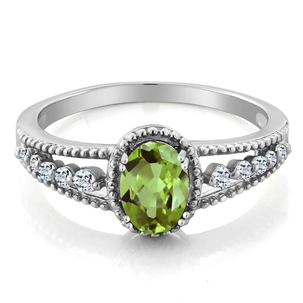 925 Sterling Silver Green Peridot and White Topaz Engagement Ring For Women (1.01 Cttw, Gemstone Birthstone, Available in size 5, 6, 7, 8, 9)