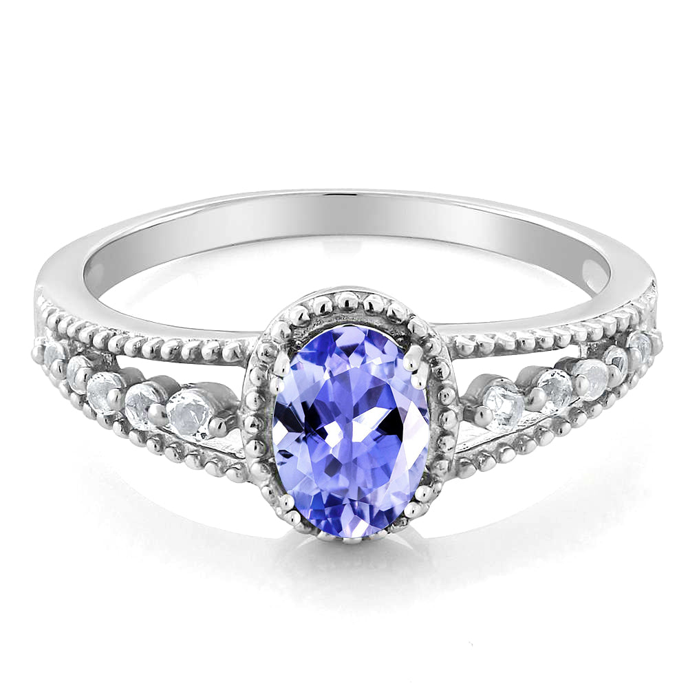 1.00 Cttw Tanzanite and White Topaz Engagement Ring For Women In 925 Sterling Silver | Oval 7X5MM | Gemstone Birthstone | Available In Size 5, 6, 7, 8, 9