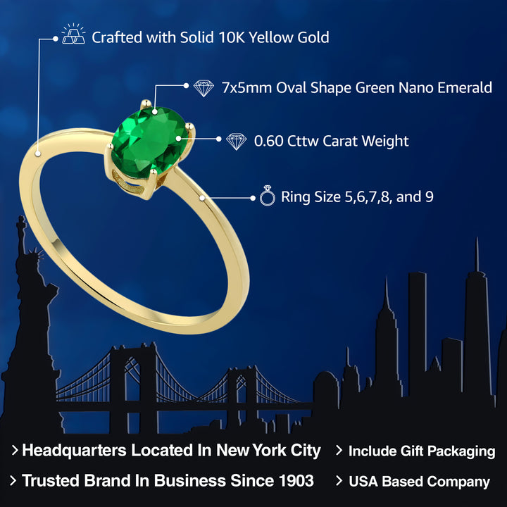 10K Yellow Gold Green Nano Emerald Solitaire Engagement Ring For Women (0.60 Cttw, Oval 7X5MM, Gemstone May Birthstone, Available in Size 5,6,7,8,9)