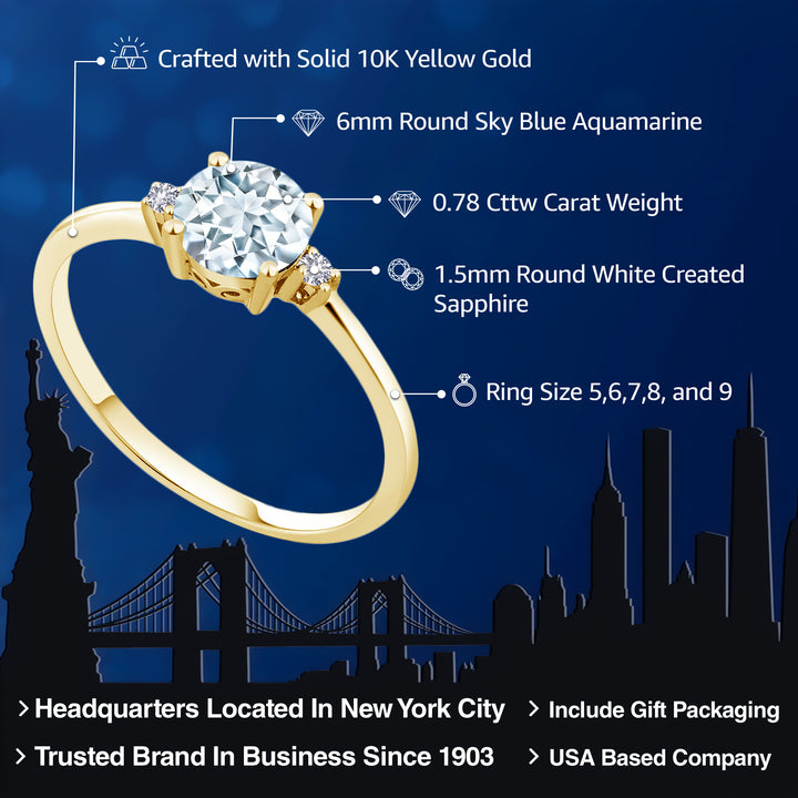 10K Yellow Gold Sky Blue Aquamarine and White Created Sapphire Solitaire Engagement Ring For Women (0.78 Cttw, Round 6MM, Gemstone March Birthstone, Available in Size 5,6,7,8,9)