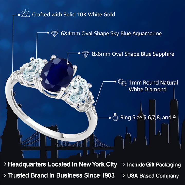 2.70 Cttw 10K White Gold Oval Blue Sapphire Sky Blue Aquamarine and Diamond Accent 3-Stone Engagement Ring | Three Stone Wedding Anniversary Promise Ring For Women