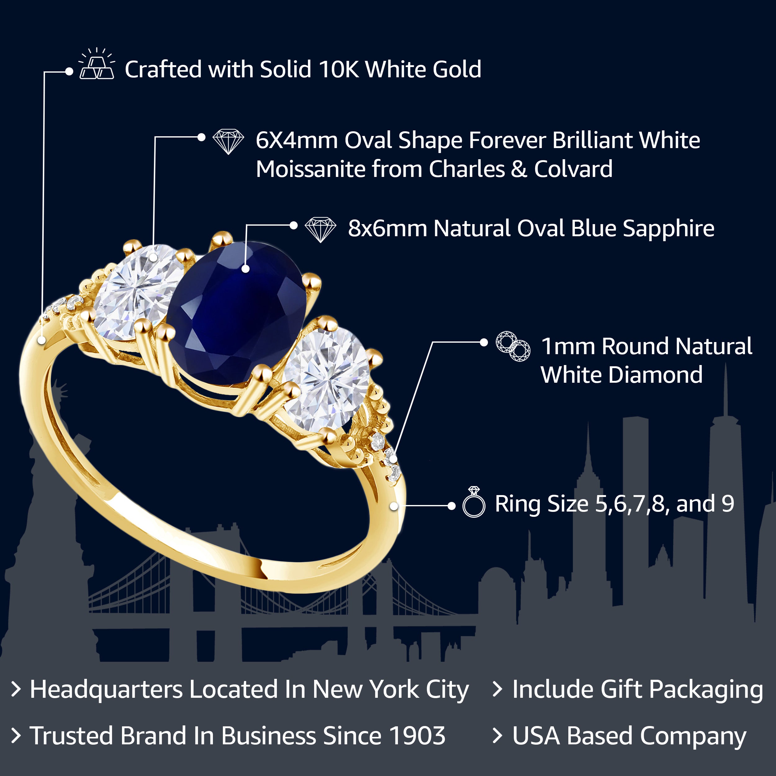 2.84 Cttw 10K Yellow Gold Blue Sapphire White Moissanite and Diamond 3-Stone Engagement Ring | Gemstone Birthstone | Three Stone Wedding Anniversary Promise Ring For Women