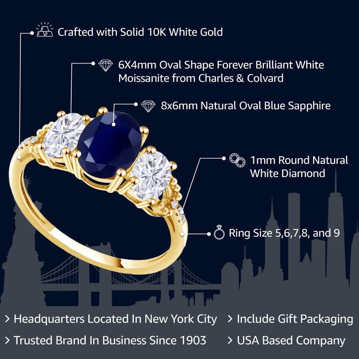 2.84 Cttw 10K Yellow Gold Blue Sapphire White Moissanite and Diamond 3-Stone Engagement Ring | Gemstone Birthstone | Three Stone Wedding Anniversary Promise Ring For Women