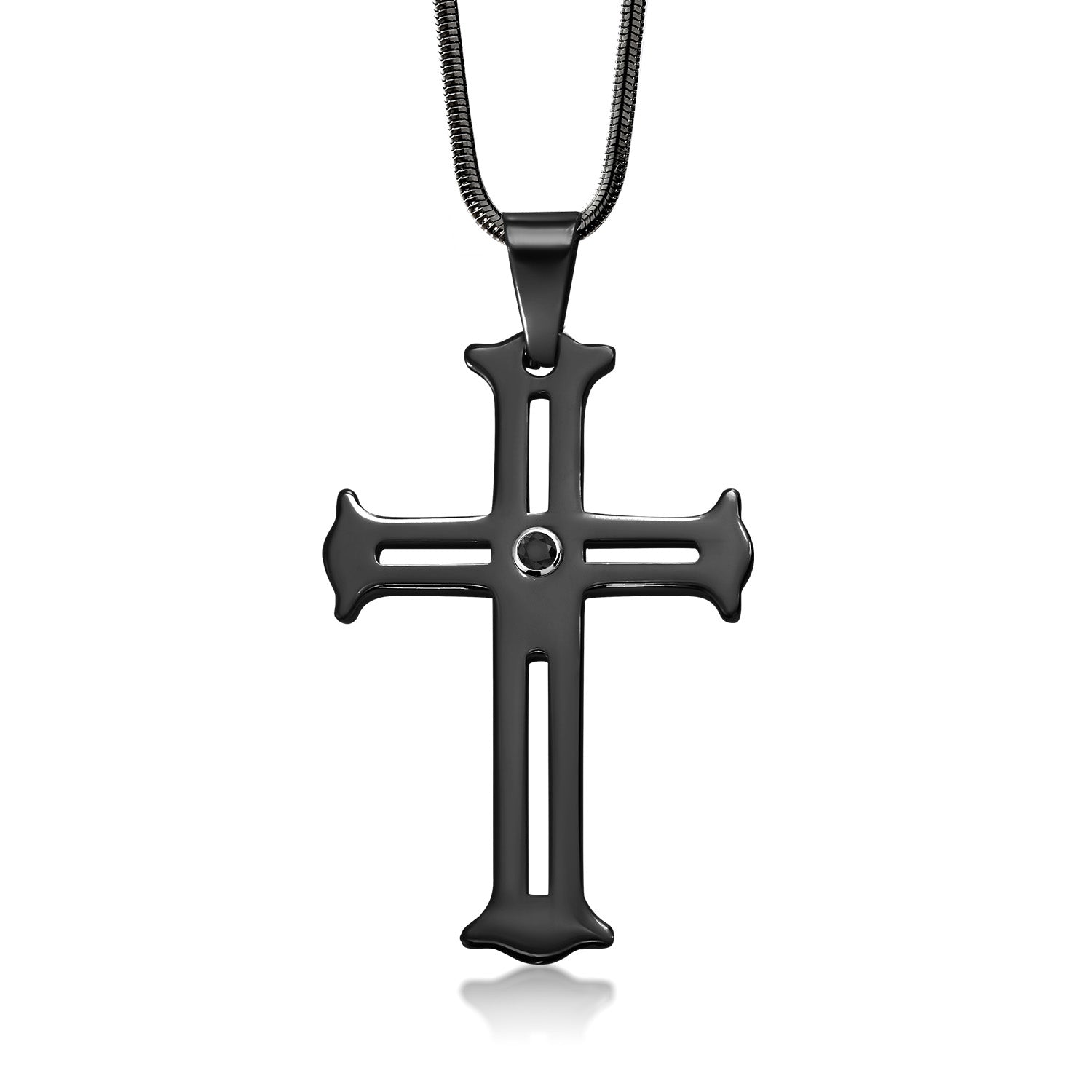 2 Inch Scratch-Proof Tungsten Carbide Cutout Cross Diamond Pendant Necklace with Black IP Plating on 2mm Black Snake Chain