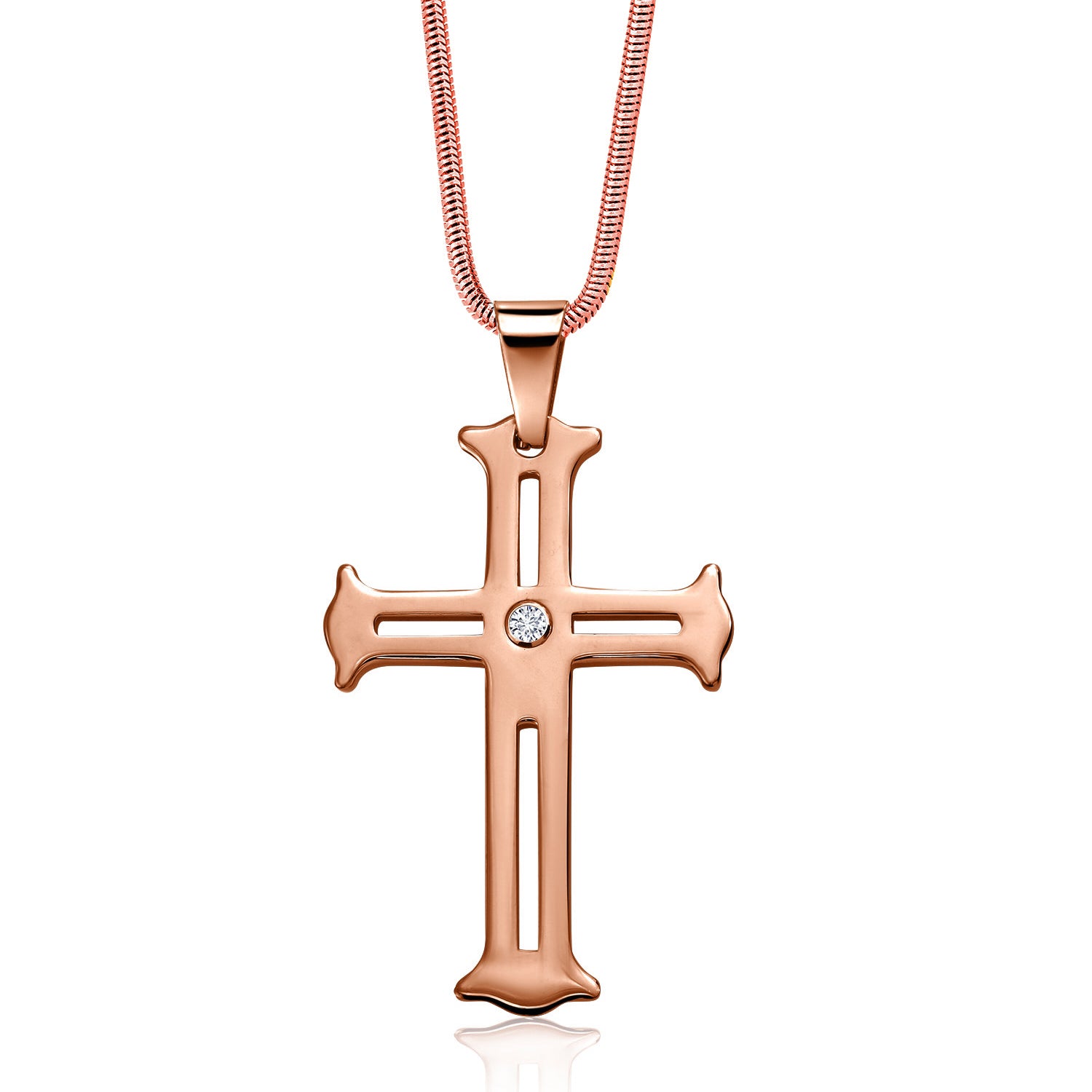 Religious Cut-Out White Lab Grown Diamond Cross Pendant Necklace Gold IP Rose Plated Tungsten Carbide Scratch-Proof (2 Inch, with 24 Inch Stainless Steel Chain)