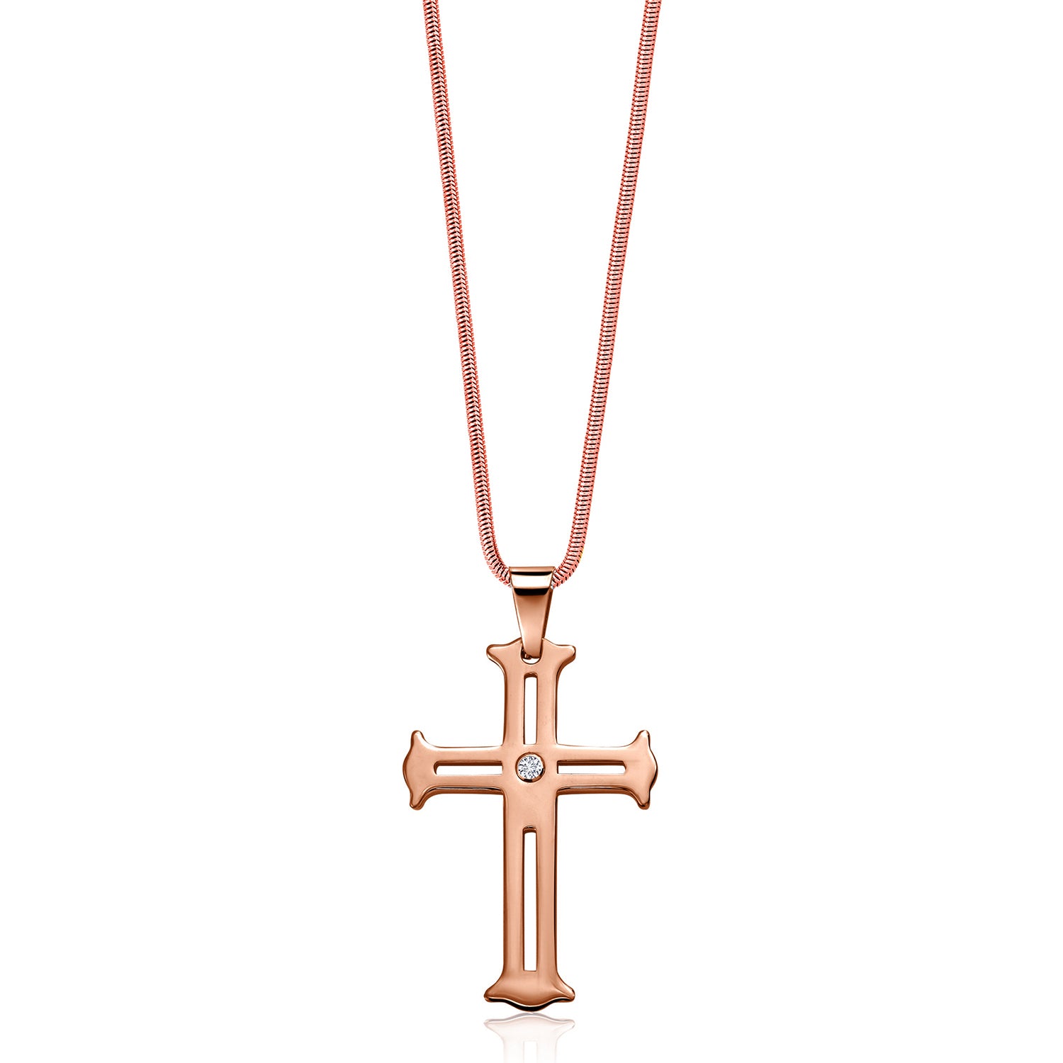 Religious Cut-Out White Lab Grown Diamond Cross Pendant Necklace Gold IP Rose Plated Tungsten Carbide Scratch-Proof (2 Inch, with 24 Inch Stainless Steel Chain)