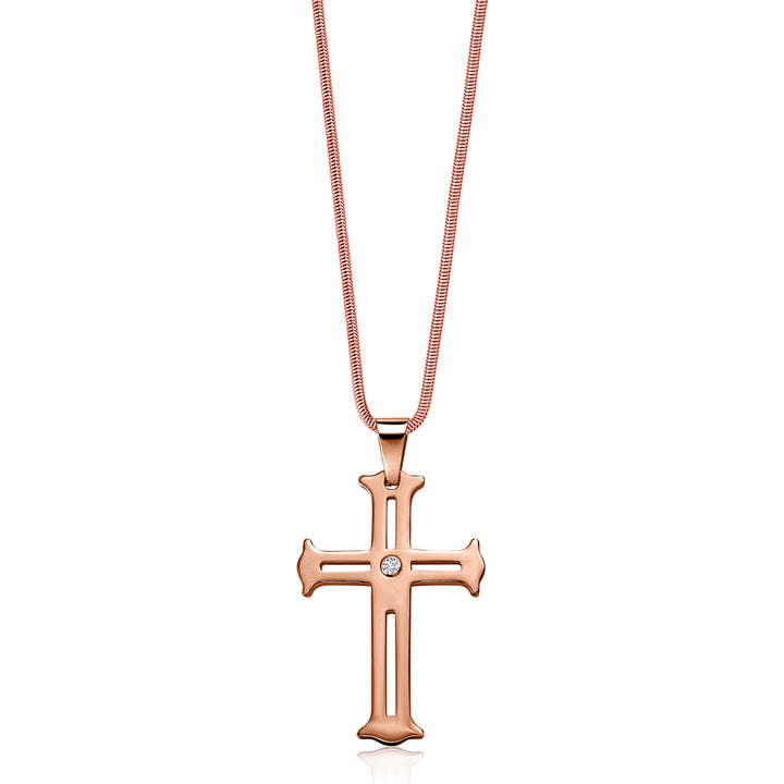 Religious Cut-Out White Lab Grown Diamond Cross Pendant Necklace Gold IP Rose Plated Tungsten Carbide Scratch-Proof (2 Inch, with 24 Inch Stainless Steel Chain)