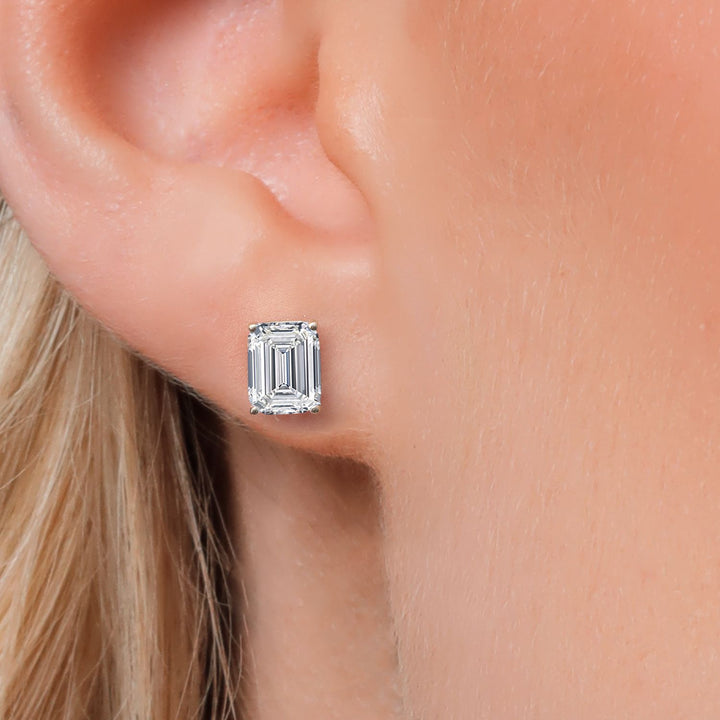 4.00 Cttw 14K White Gold IGI Certified Lab Grown Diamond Stud Basket Setting Earrings | Emerald Cut | F-G Color | VS Clarity | Double Notch | Gold Earrings For Women Men