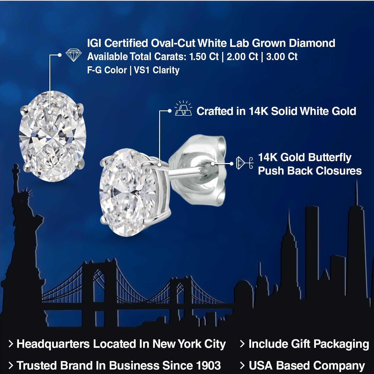 3 Cttw 14K White Gold IGI Certified Lab Grown Diamond Stud Basket Setting Earrings | Oval Cut | F-G Color | VS Clarity | Double Notch | Gold Earrings For Women Men