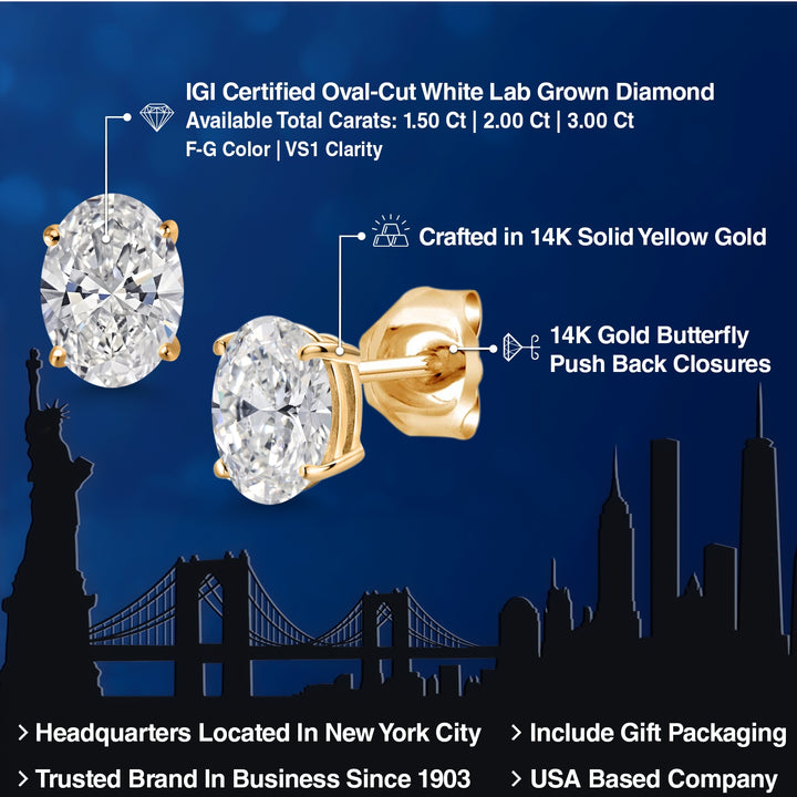 3 Cttw 14K Yellow Gold IGI Certified Lab Grown Diamond Stud Basket Setting Earrings | Oval Cut | F-G Color | VS Clarity | Double Notch | Gold Earrings For Women Men