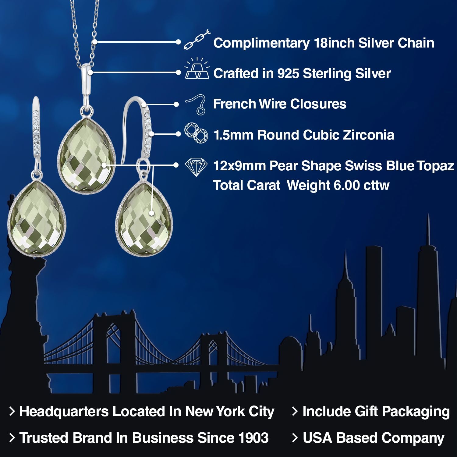 Pendant Earrings Set in 925 Sterling Silver