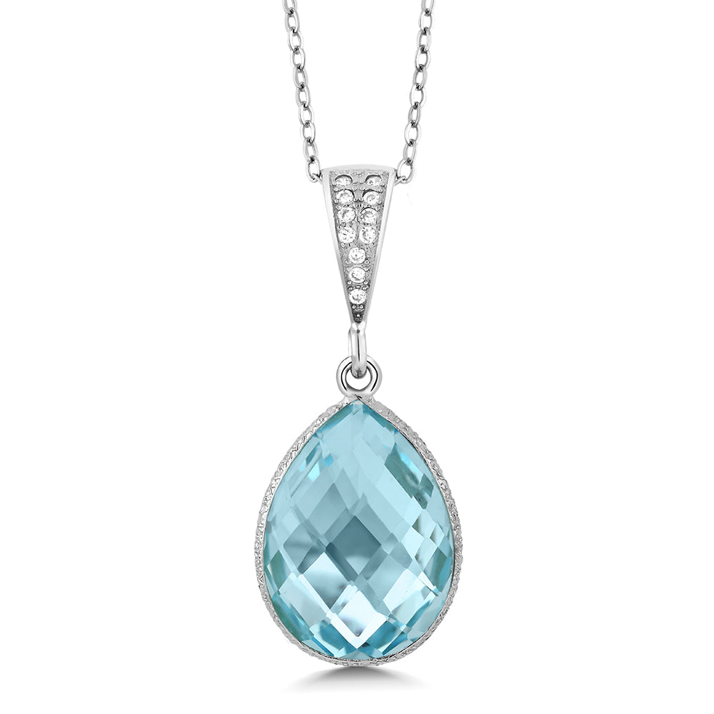 9.00 Cttw Blue Topaz Pendant Necklace For Women In 925 Sterling Silver | Gemstone Birthstone | 16X12MM Pear Shape | With 18 Inch Silver Chain