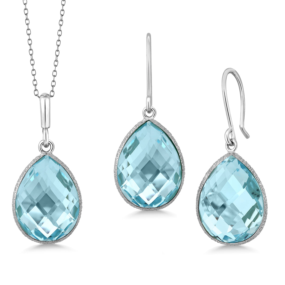 22.50 Cttw Blue Topaz Pendant and Earrings Jewelry Set For Women In 925 Sterling Silver | Pear Shape 16X12MM | Gemstone Birthstone | With 18 Inch Silver Chain