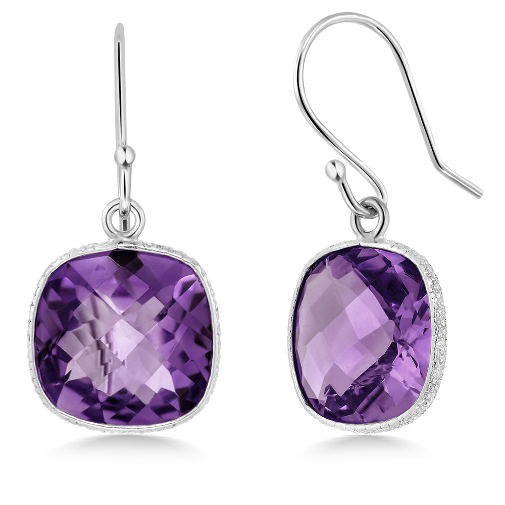 925 Sterling Silver Amethyst Drop Dangle Earrings For Women | 10.00 Cttw | Gemstone Birthstone | Cushion Checkerboard 11MM