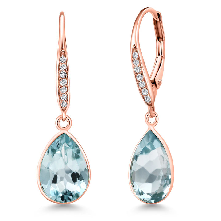 6.00 Cttw Pear Shape Blue Topaz and Lab Grown Diamond Drop Dangle Teardrop Earrings For Women | 18K Rose Gold Plated Silver | Gemstone Birthstone | Pear Shaped 12X9MM