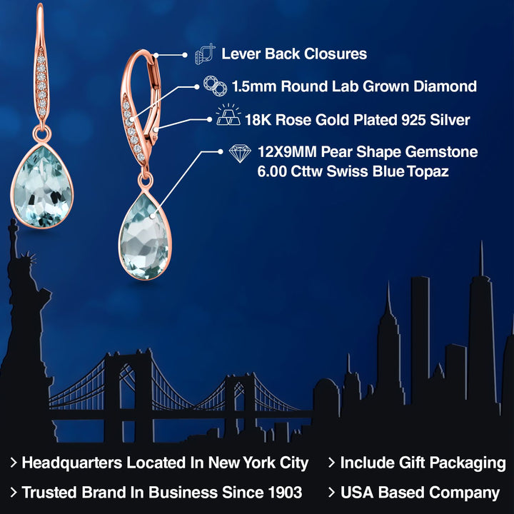 6.00 Cttw Pear Shape Blue Topaz and Lab Grown Diamond Drop Dangle Teardrop Earrings For Women | 18K Rose Gold Plated Silver | Gemstone Birthstone | Pear Shaped 12X9MM