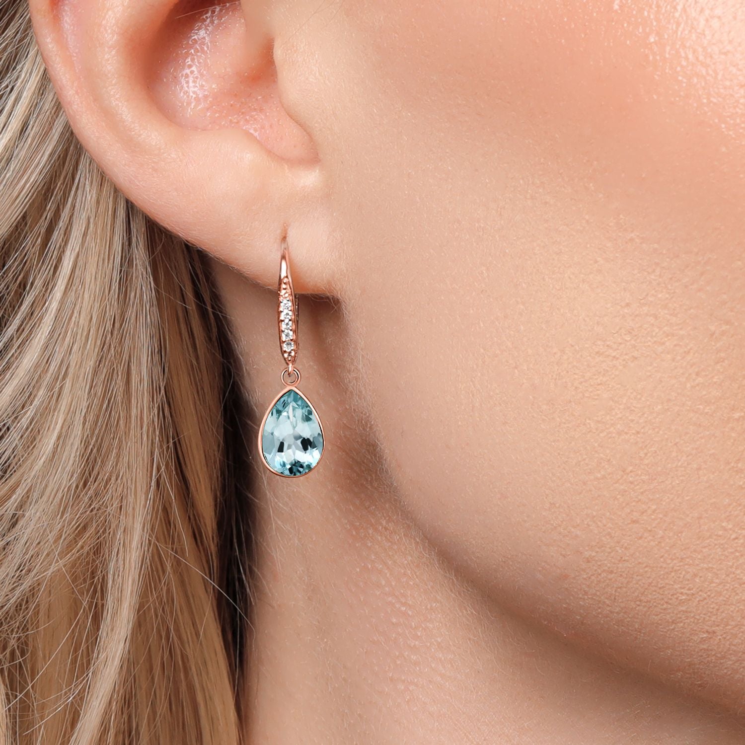 6.00 Cttw Pear Shape Blue Topaz and Lab Grown Diamond Drop Dangle Teardrop Earrings For Women | 18K Rose Gold Plated Silver | Gemstone Birthstone | Pear Shaped 12X9MM