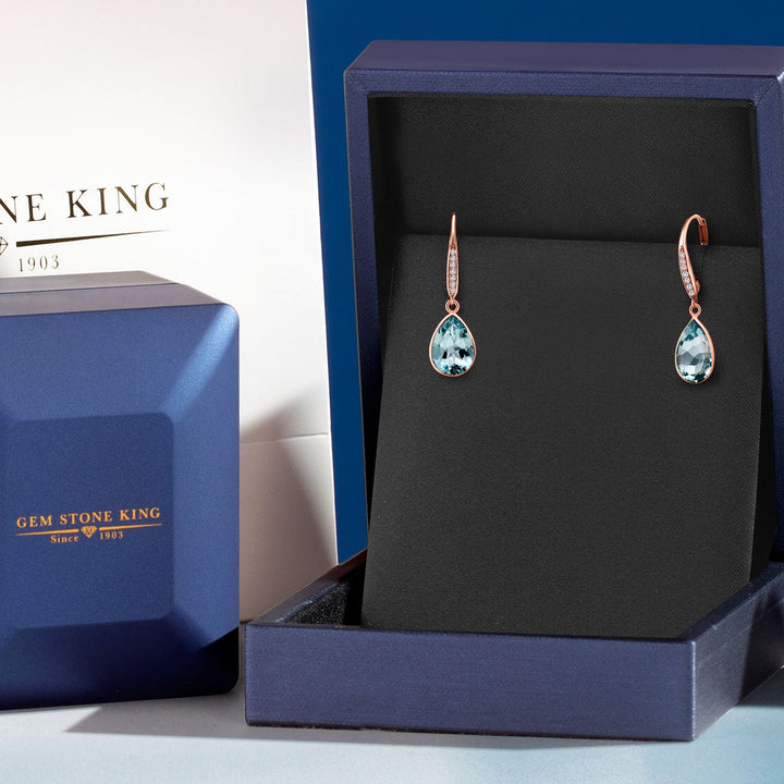 6.00 Cttw Pear Shape Blue Topaz and Lab Grown Diamond Drop Dangle Teardrop Earrings For Women | 18K Rose Gold Plated Silver | Gemstone Birthstone | Pear Shaped 12X9MM