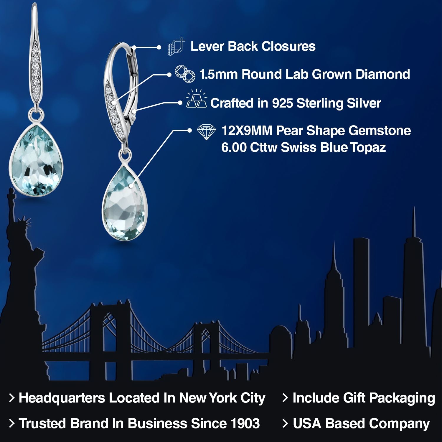 6.00 Cttw Pear Shape Blue Topaz and Lab Grown Diamond 925 Sterling Silver Dangle Earrings