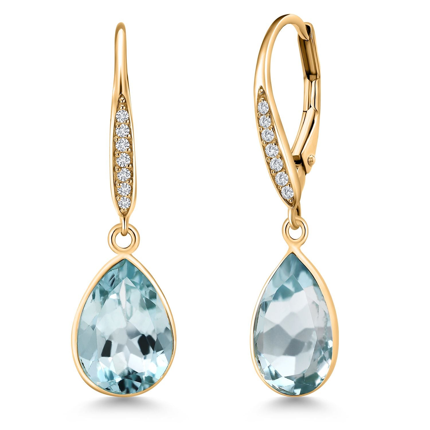 6.00 Cttw Pear Shape Blue Topaz and Lab Grown Diamond 18K Yellow Gold Plated Silver Dangle Earrings