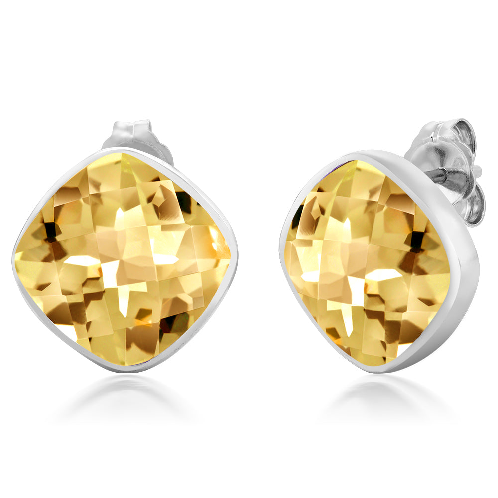 12.00 Cttw Citrine Stud Earrings For Women Men In 925 Sterling Silver | Gemstone Birthstone | Cushion Cut 12MM