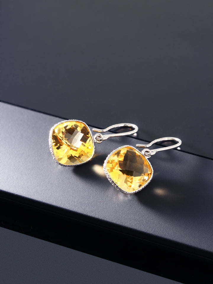 925 Sterling Silver Yellow Citrine Stud Dangle Earrings For Women (10.00 Cttw, Gemstone Birthstone, 11MM Cushion Cut)