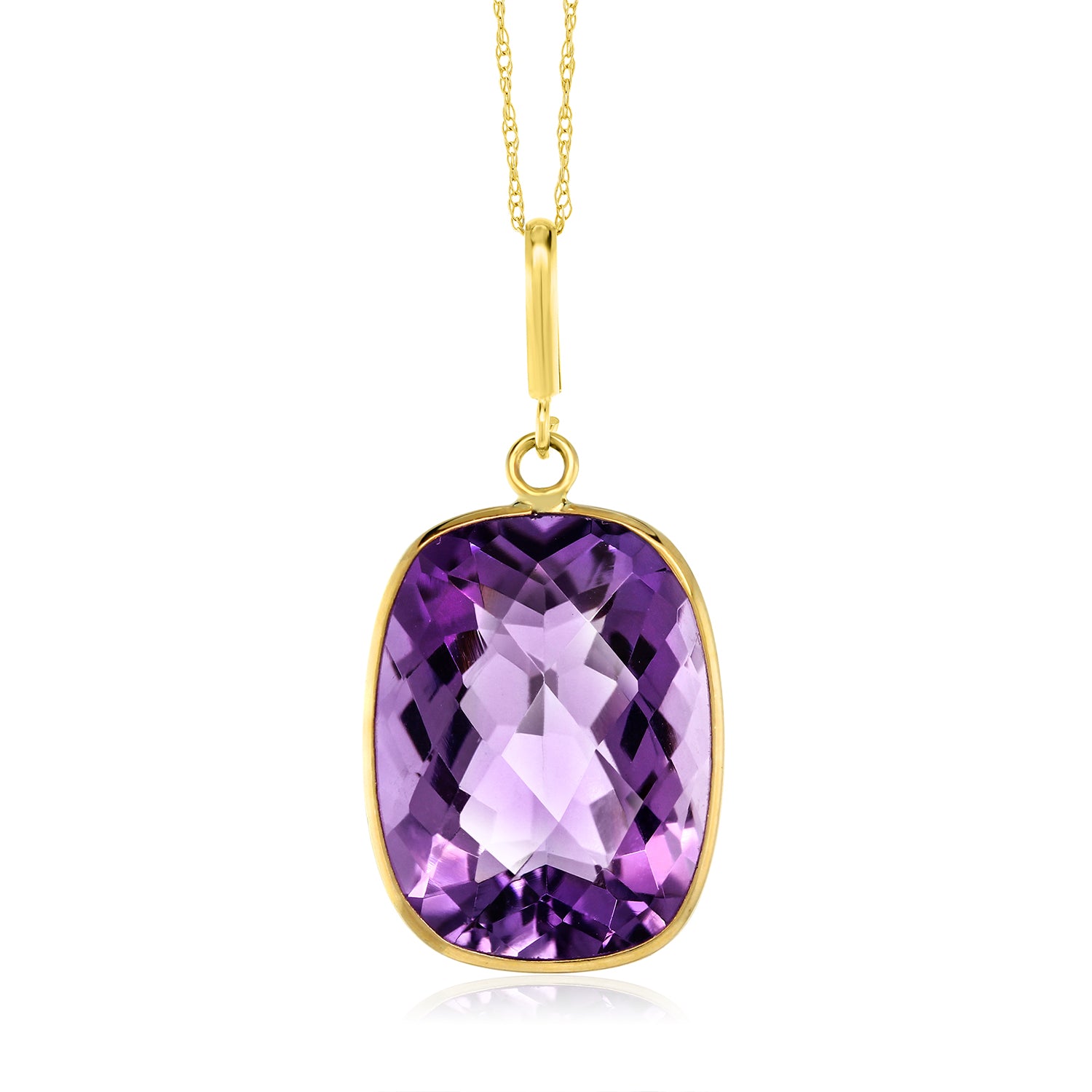 9.00 Cttw 14K Yellow Gold Purple Amethyst Pendant Necklace For Women | With 18 Inch Solid 14k Gold Chain | Gemstone Birthstone | Cushion Checkerboard 16X12MM