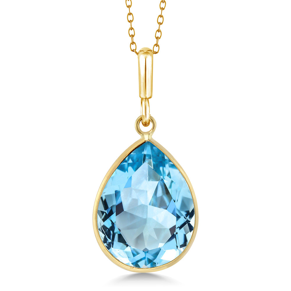 8.00 Cttw 14K Yellow Gold Blue Topaz Pendant Necklace | Pear Shape 16X12MM | Gemstone Birthstone | Gold Necklace for Women | With 18 Inch Chain