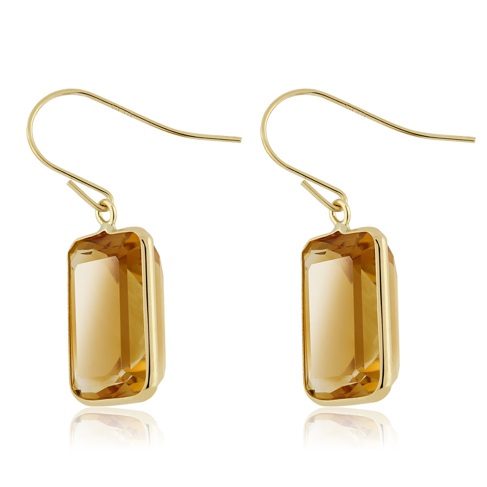 14K Yellow Gold Emerald Cut Citrine Drop Dangle Earrings For Women | 14.00 Cttw | Gemstone Birthstone | Gold Earrings For Women