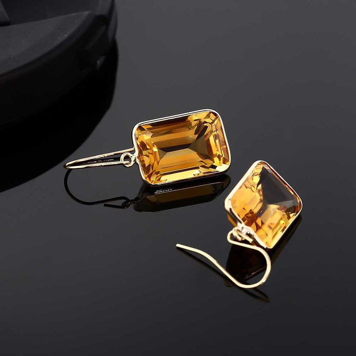 14K Yellow Gold Emerald Cut Citrine Drop Dangle Earrings For Women | 14.00 Cttw | Gemstone Birthstone | Gold Earrings For Women