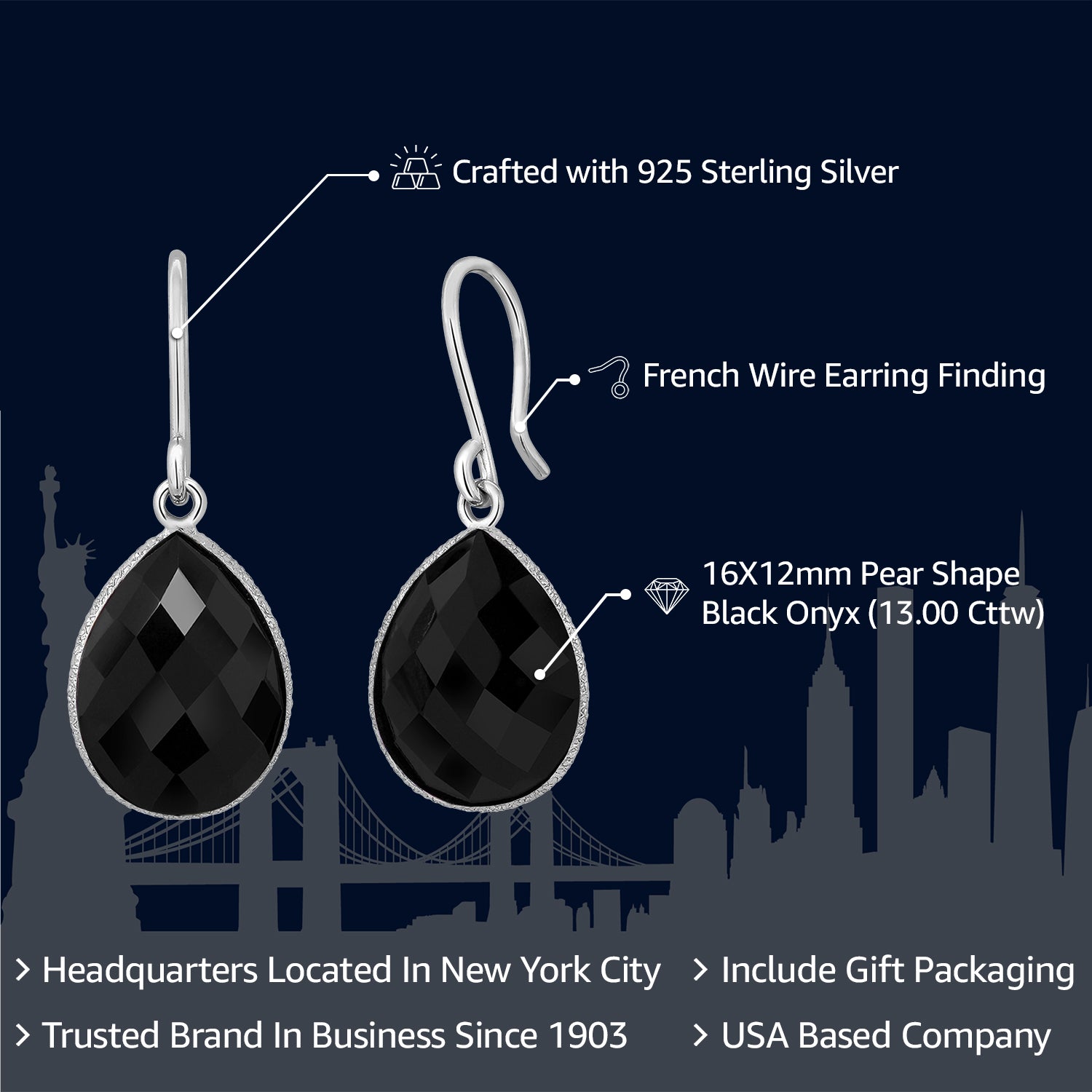 13.00 Cttw Black Onyx Dangle Earrings For Women In 925 Sterling Silver | Gemstone Birthstone | Pear Shape 16X12MM