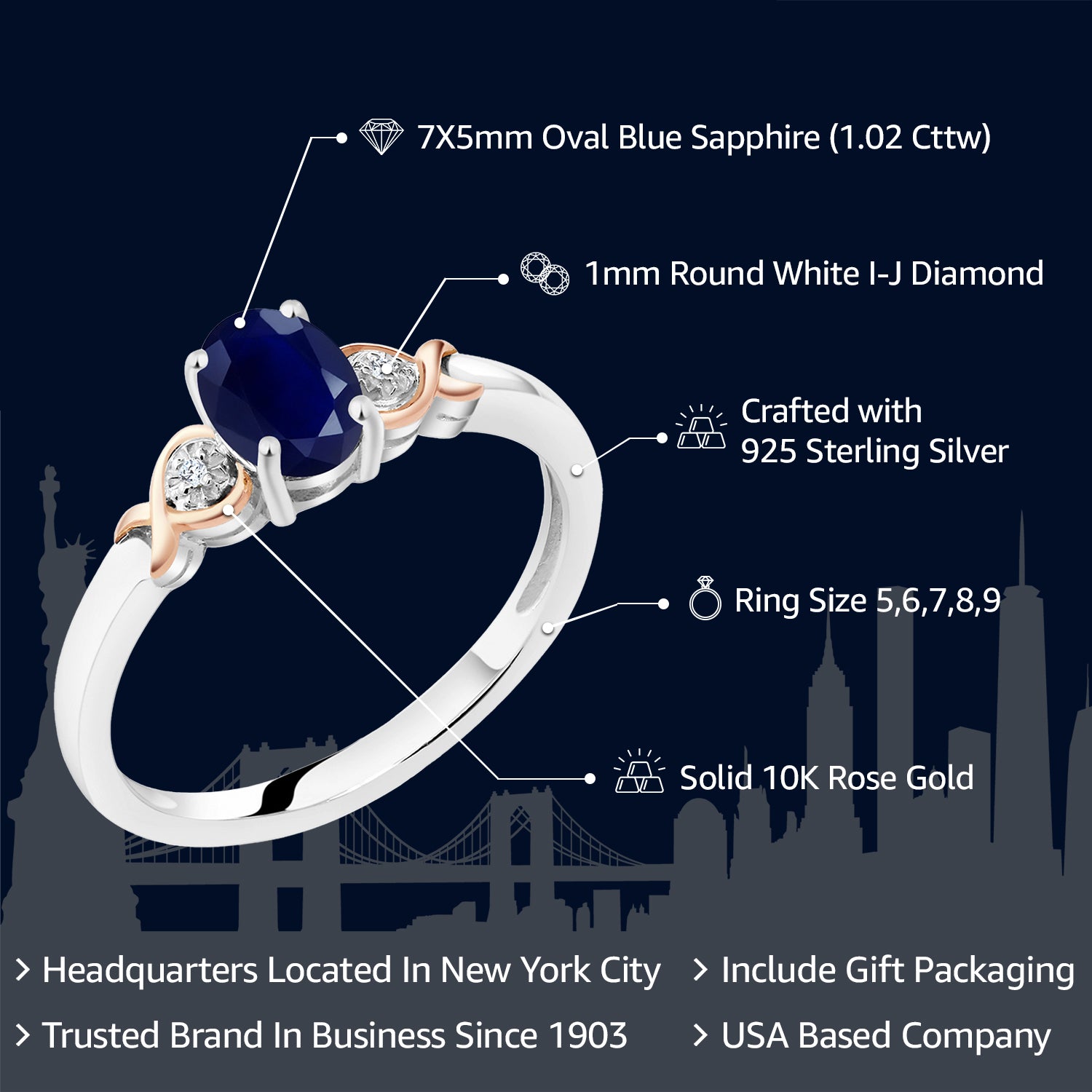Blue Sapphire - September_Ring in 925 Sterling Silver and 10K Rose Gold