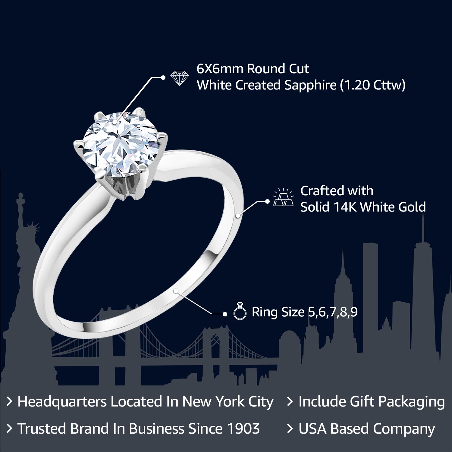 14K White Gold Hearts And Arrows White Created Sapphire Engagement Solitaire 6 Prong Ring For Women (1.20 Ctw, Round 6MM, Available In Size 5,6,7,8,9)