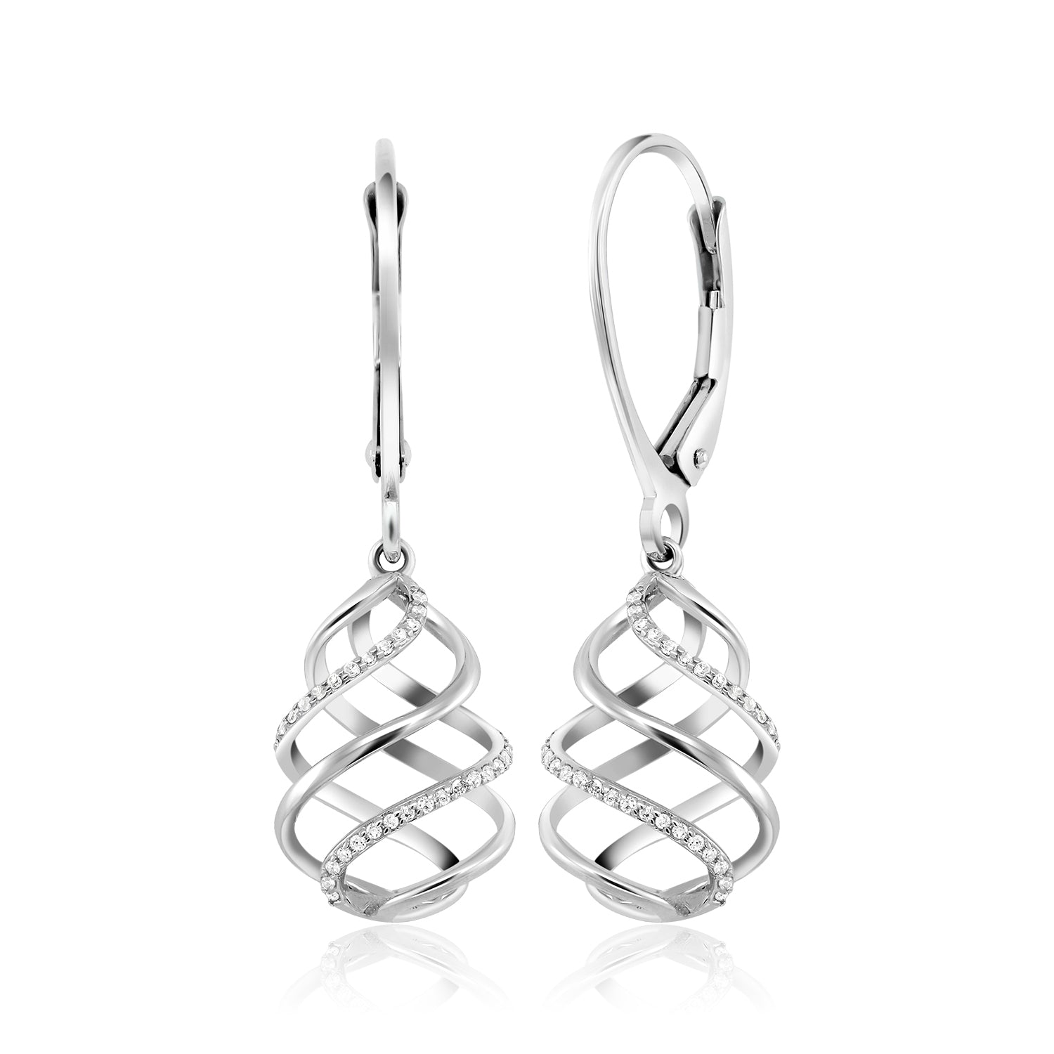 10K Solid White Gold White Diamond Swirl Dangle Lever Back Earrings For Women