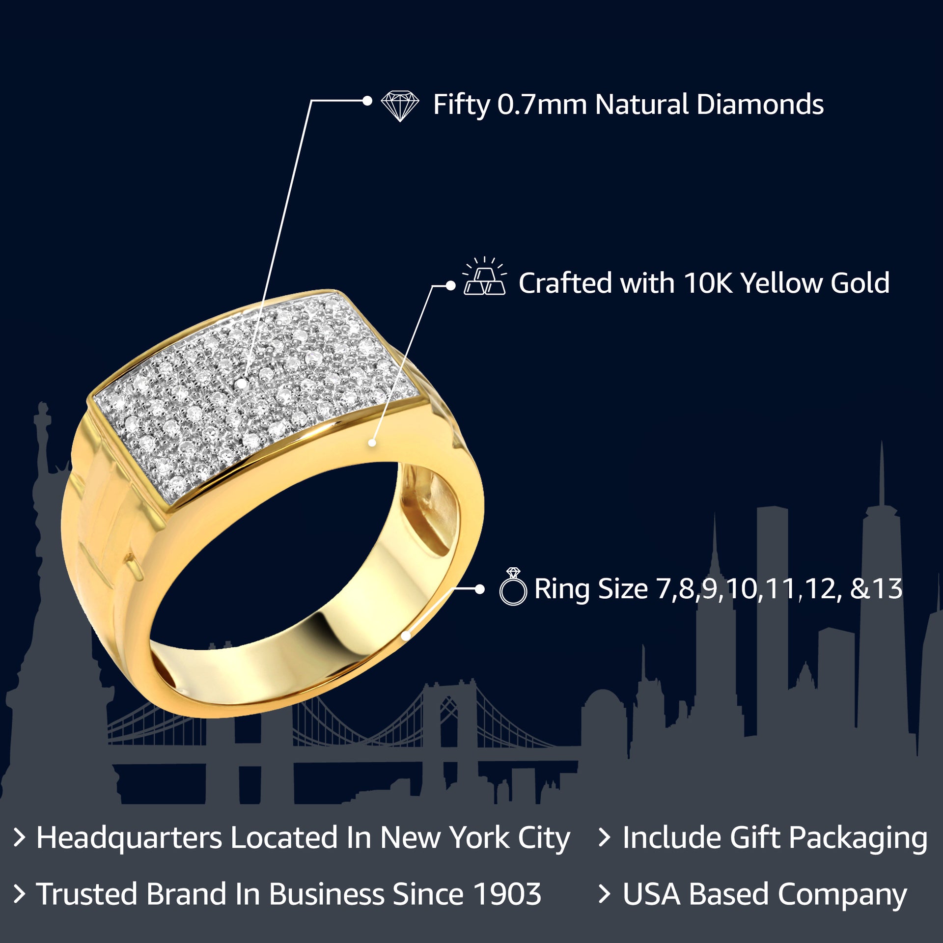 White Diamond Ring For Men In 10K Yellow Gold | Gold Men's Pave Ring | 0.25 Cttw | Available in Size 5,6,7,8,9,10,11,12,13