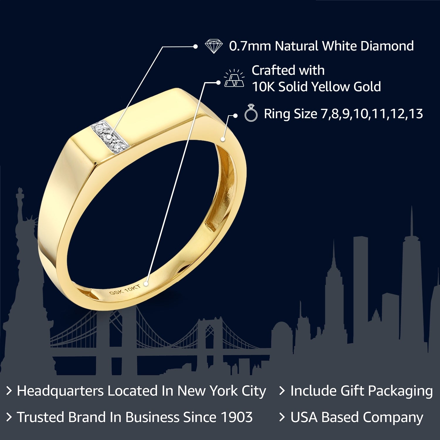 Men's 10K Solid Yellow Gold White Diamond Wedding Anniversary Ring (Available In Size 7,8,9,10,11,12,13)