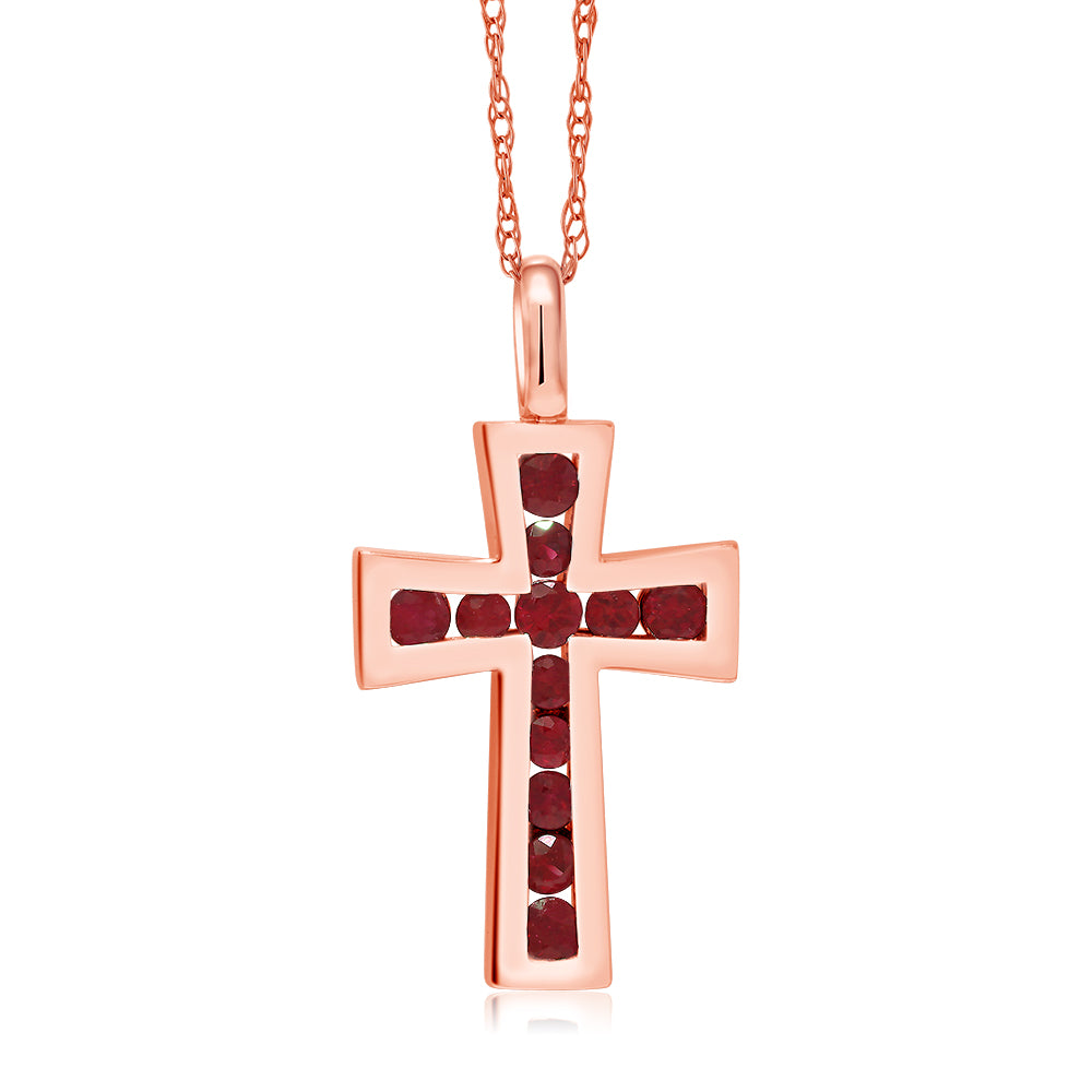 10K Solid White Gold Blue Sapphire or Red Ruby Cross Pendant Necklace (1/2 Cttw, Gemstone Birthstone, Length 0.5 Inch, With 18 Inch 10K Gold Chain)