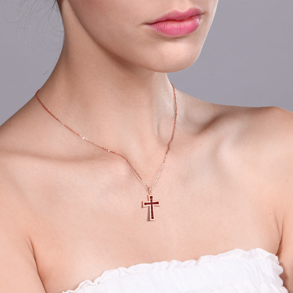 10K Solid White Gold Blue Sapphire or Red Ruby Cross Pendant Necklace (1/2 Cttw, Gemstone Birthstone, Length 0.5 Inch, With 18 Inch 10K Gold Chain)