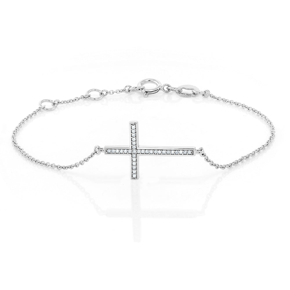 Solid 10K White Gold 0.5 Inch White Diamond Cross Tennis Bracelet Fits 6.5 Inches Religious Jewelry For Women