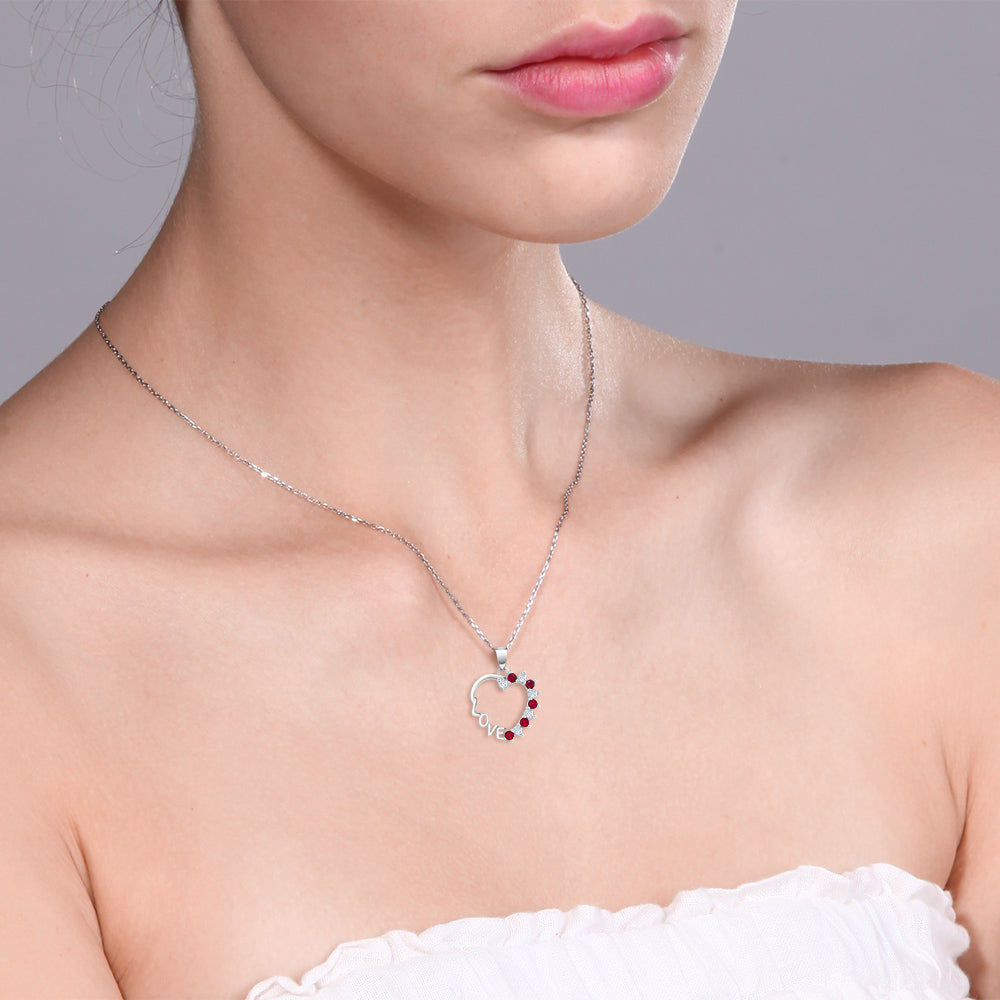 10K White Gold Created White Sapphire and Created Red Ruby Heart Shape Love Pendant Necklace For Women (0.44 Cttw, with 18 Inch Chain)