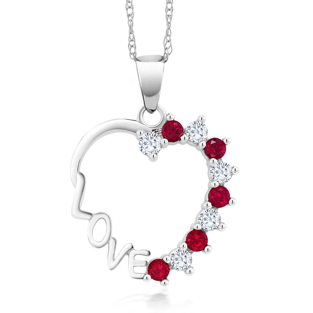 10K White Gold Created White Sapphire and Created Red Ruby Heart Shape Love Pendant Necklace For Women (0.44 Cttw, with 18 Inch Chain)