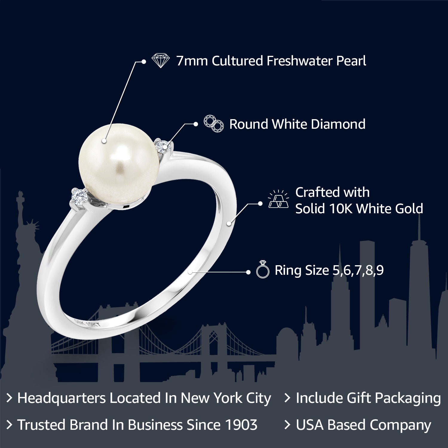 10K White Gold 7MM Cultured Freshwater Pearl and White Diamond Engagement Ring | Gold Ring For Women | Available In Size 5, 6, 7, 8, 9