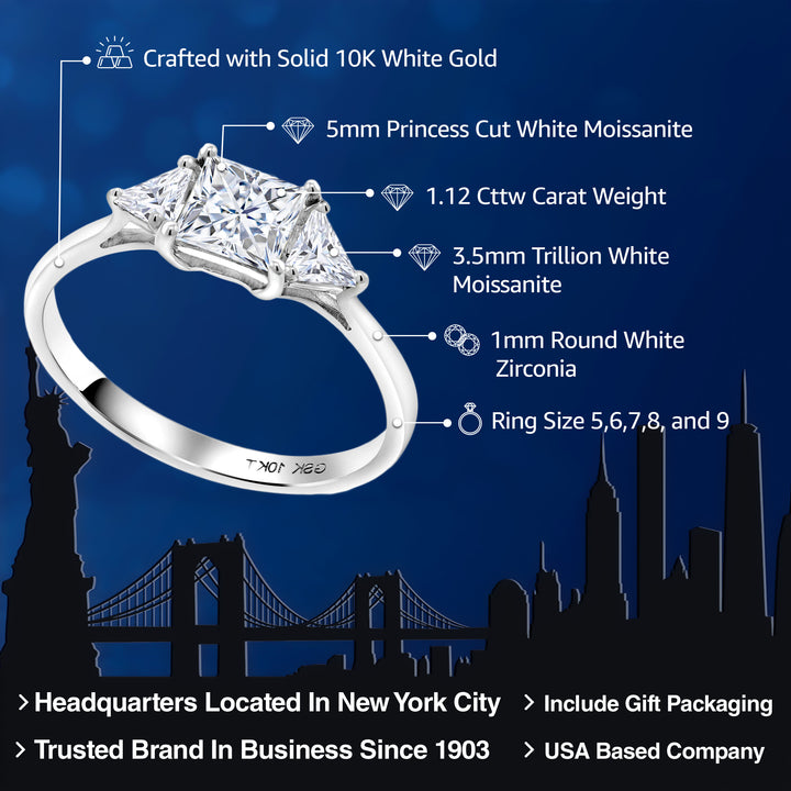 10K White Gold White Moissanite Engagement Ring | 1.12 Cttw | Princess Center 5MM | Trillion 3.5MM | Three Stone Wedding Anniversary Promise Ring For Women